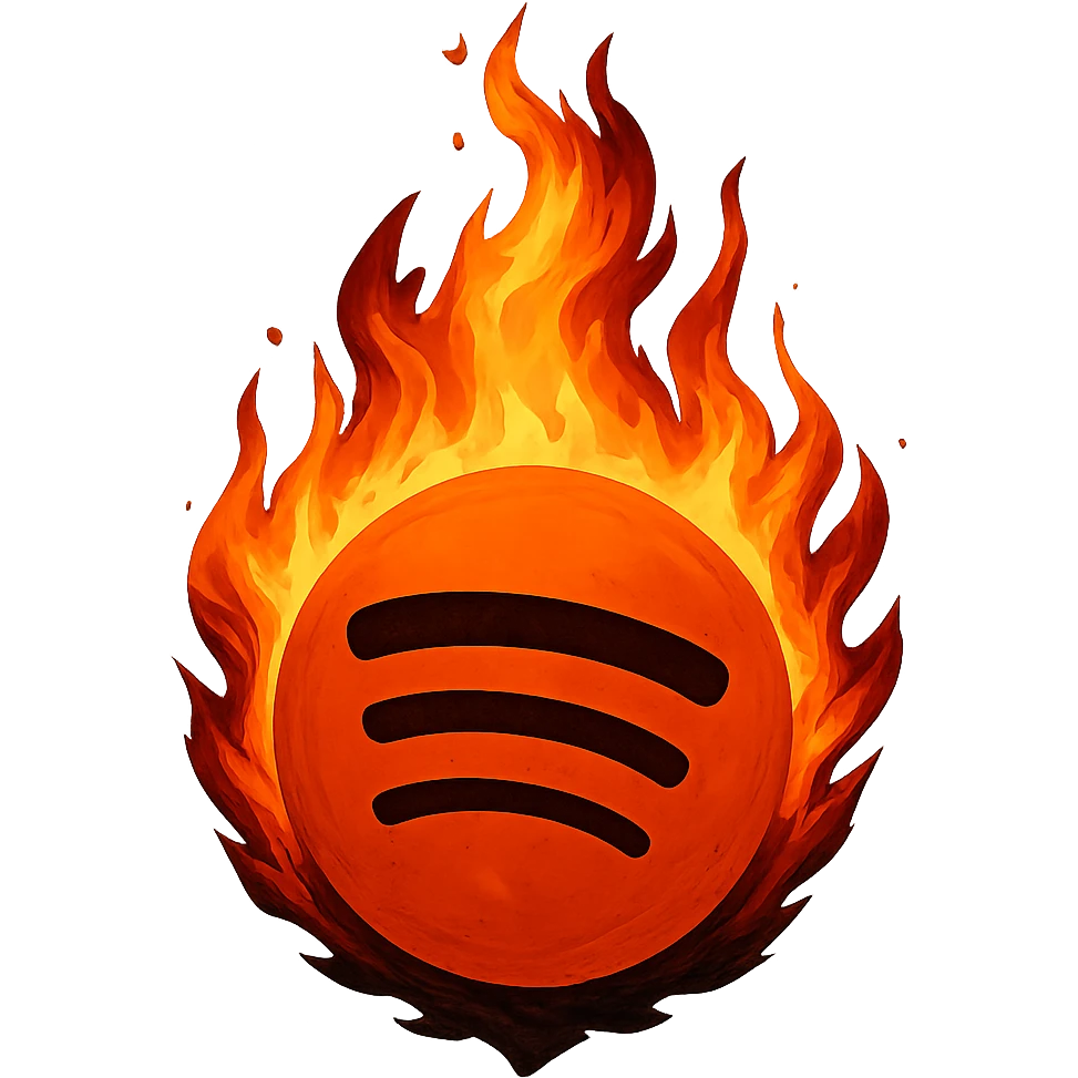 Spotify logo on fire, inspired by flambéed France logo, dramatic flames, bold and dynamic, design asset emoji