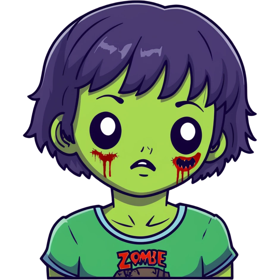 zombie girl with short wavy hair and black bangs, greenish skin emoji