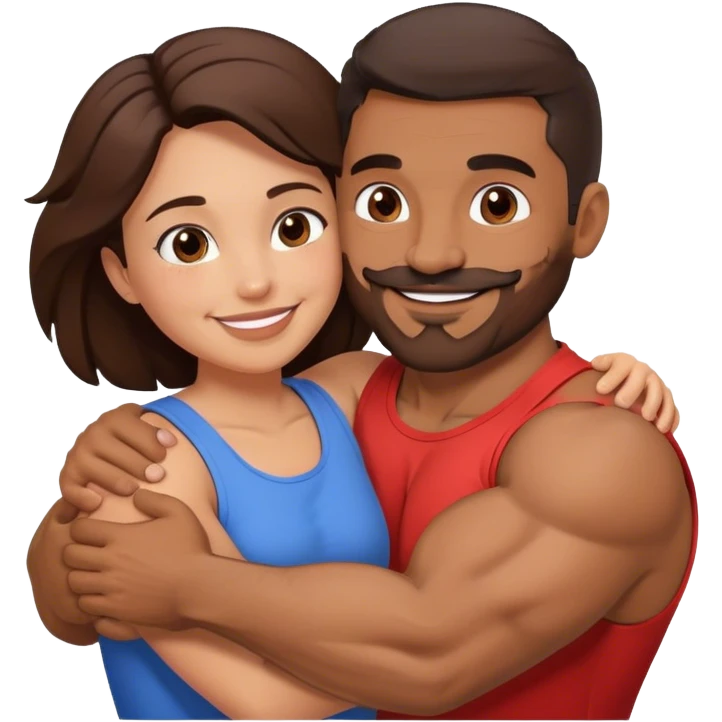 Brown man with facial hair and muscles hug small brunette woman emoji