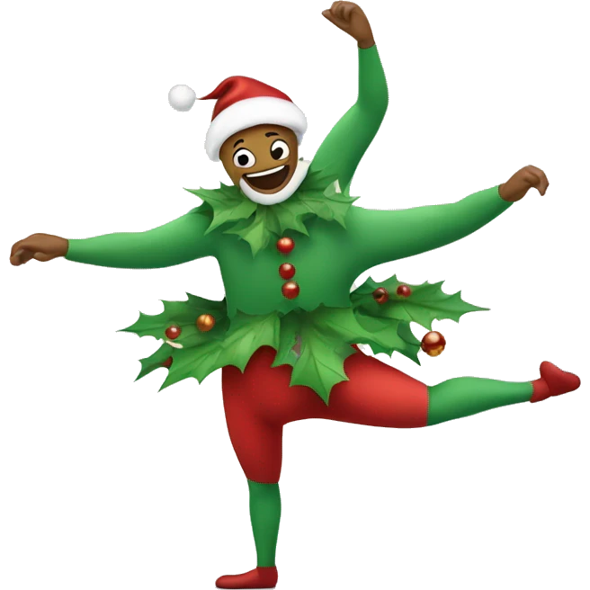 A cartoon Christmas wreath with long arms and legs is smiling as it dances ballet in the snow emoji