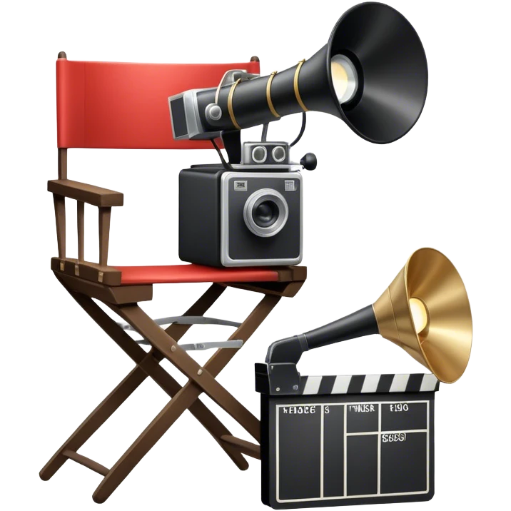 Icon for Directing: a director's chair, a film clapperboard, large movie camera, vintage megaphone and a stage with a spotlight. The icon should represent the creative and organizational aspects of directing, with focus on storytelling, staging, and performance. Transparent background. emoji
