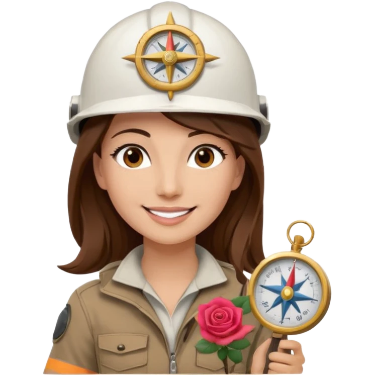 Arquitecta ojos marrones oscuros pestañas pelo marron por los hombros sonrie casco blanco compás y rosa emoji