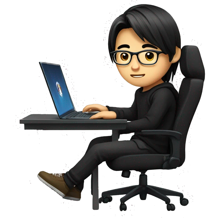 asian boy with glasses, long straight hair, wearing black clothes , working on his laptop seating on a gaming chair emoji