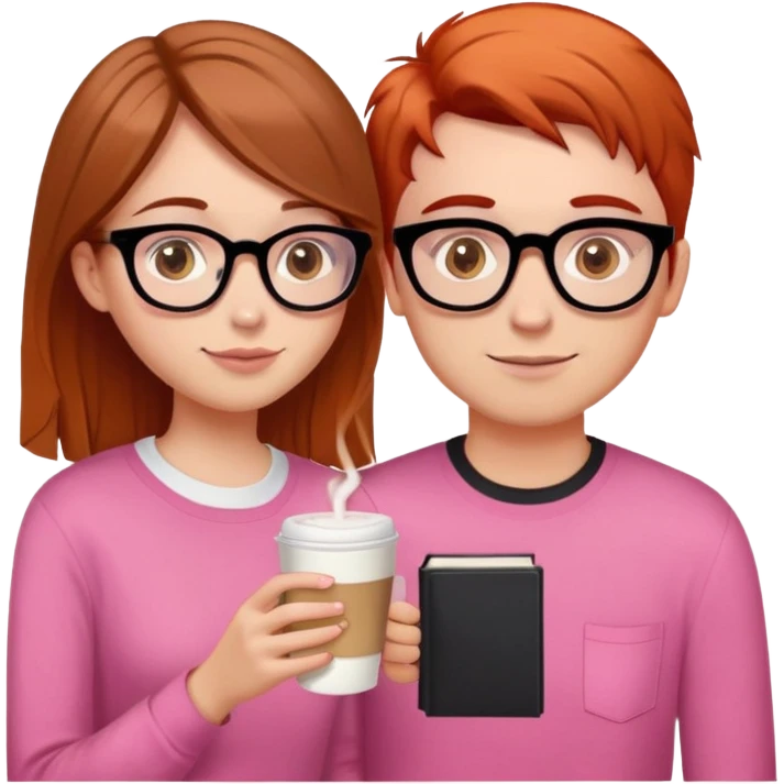 girl with brown hair and hazel eyes drinking latte, hair just below shoulder length and wearing a pink shirt. She is with her with her boyfriend who has orange/red hair, black glasses, and is taller than her. He needs a book in his hand  emoji