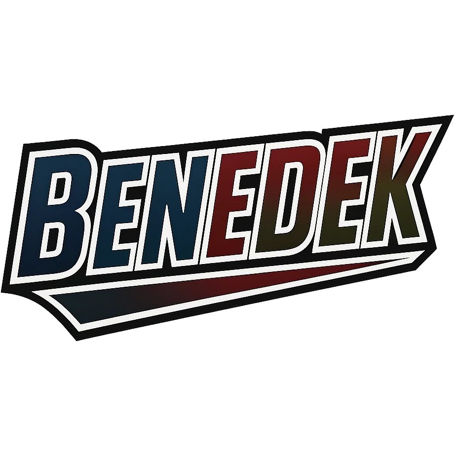 Benedek name in masculine, modern gradient font with precise Hungarian characters, dark contour, extra wide and prominent white letter frame as in reference images, dynamic slanted underline, masculine color shades (blue, gray, burgundy, green, brown), 1000x1000 px, PNG, transparent background emoji