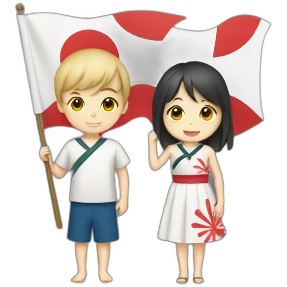 boy and girl holding Japanese flag emoji