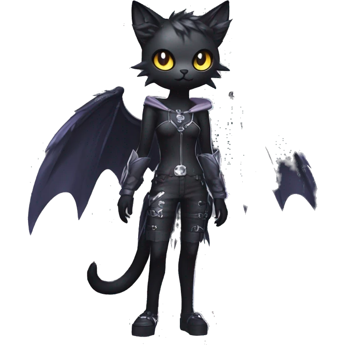 Shiny Cool Punk Black beautiful fantasy Kawaii Ethereal Sona Fakemon-cat-animal with edgy bat-wings-ears Full Body emoji