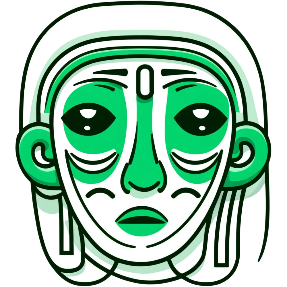 Maya hieroglyphic facial expressions: happy, sad, surprised. Only dark green lines on white background, strict minimalist geometric style emoji