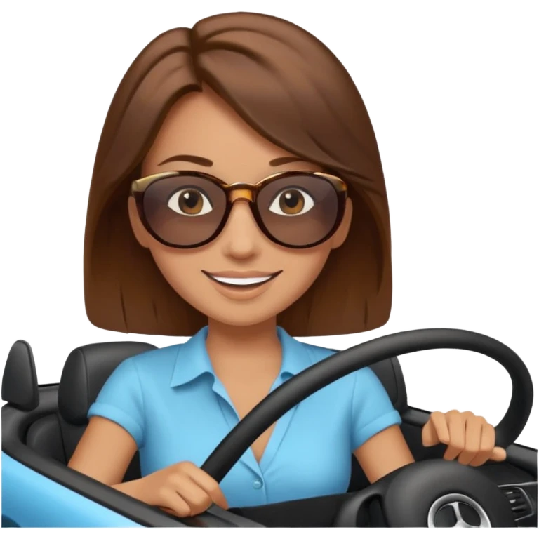 Brown hair woman driving car. Happy face emoji