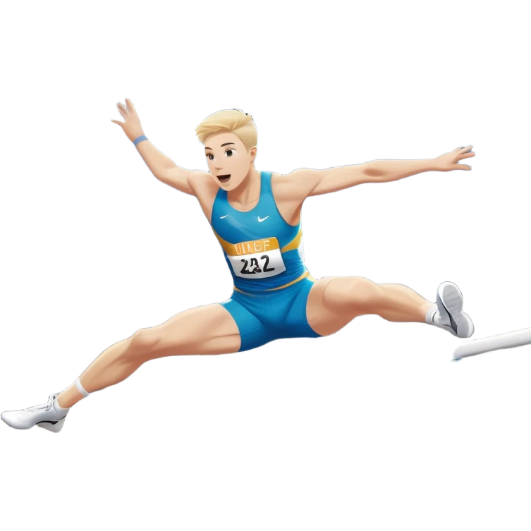 An icon of an white-skined athlete soaring over a hurdle, mid-jump, with a powerful form. The background features a vibrant stadium, with the track and hurdles in sharp focus, and a cheering crowd along the stands. The motion of the jump emphasizes speed and agility. Transparent background. emoji
