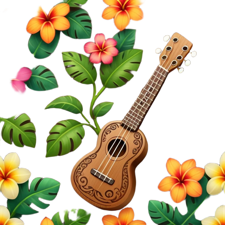 Ukulele with Polynesian carvings with flowers behind it emoji