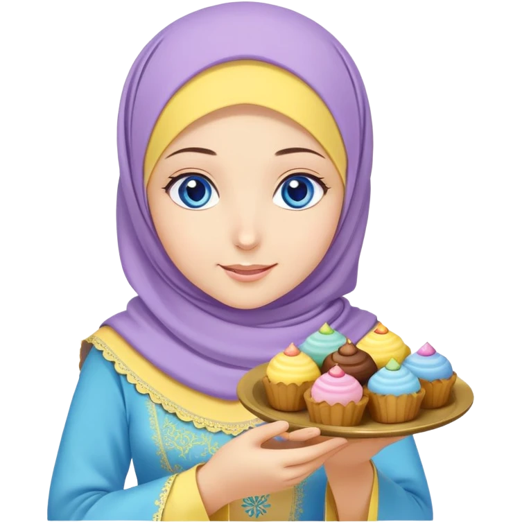 Turkish beautiful finish Konya girl blue eyes with lila yellow hijab islamic dress and had on her hand text Eid Mubarak with sweets and celebrating with her friends eid days   emoji