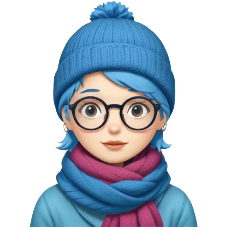 A shy blue straight hair woman with big round glasses and thick scarf and a beanie, blushing from the cold. emoji