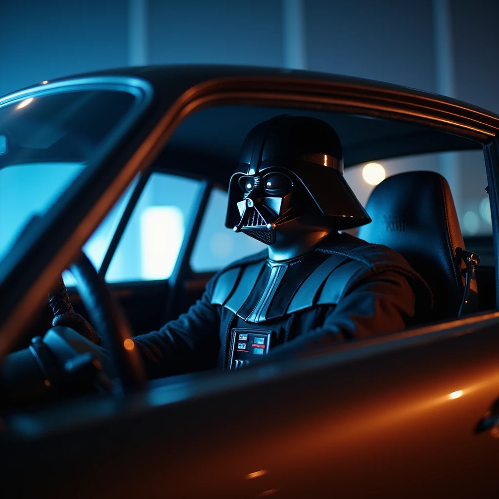 Cinematic shot of a Darth vader sitting in porsche 911, blue and orange lights, full car shot emoji