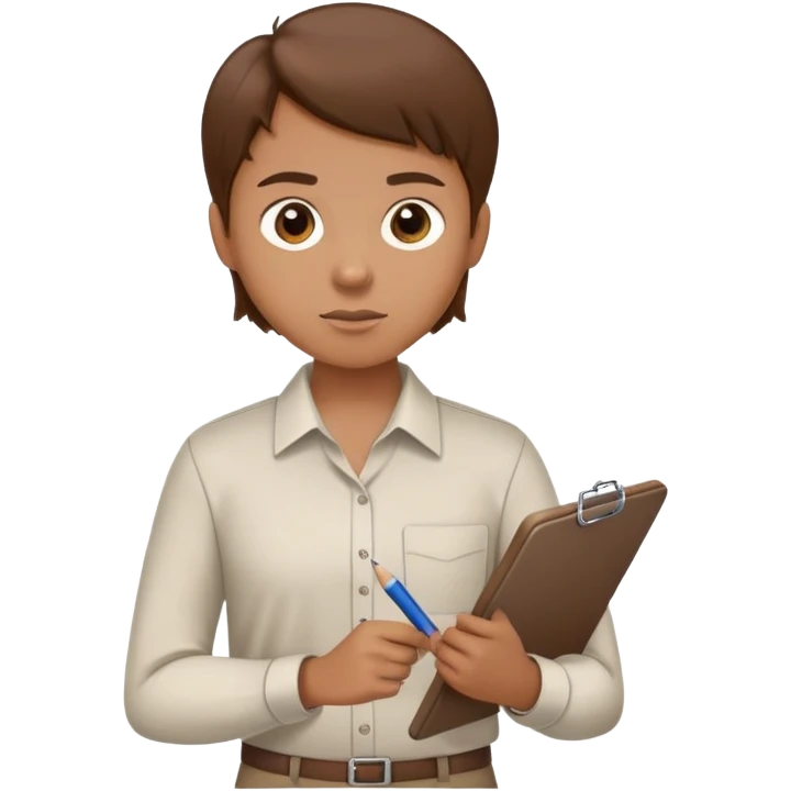 Intern or volunteer with brown hair holding a clipboard and pencil, ready to take notes or assist. The character wears a simple shirt and has an eager posture emoji