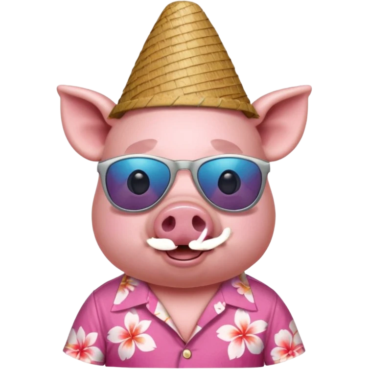 Pig with aloha shirt, birthday hat, sunglasses emoji