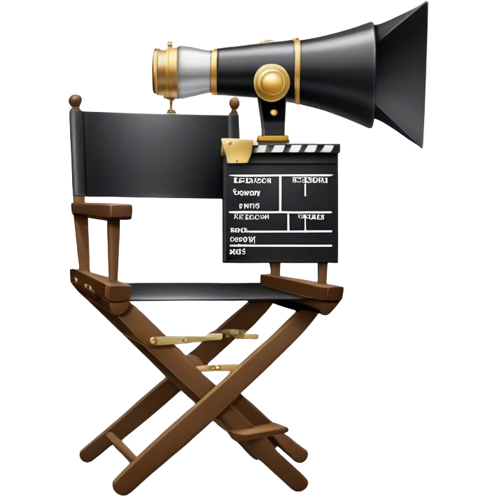 Icon for Directing: a director's chair, a film clapperboard, large movie camera, vintage megaphone and a stage with a spotlight. The icon should represent the creative and organizational aspects of directing, with focus on storytelling, staging, and performance. Transparent background. emoji