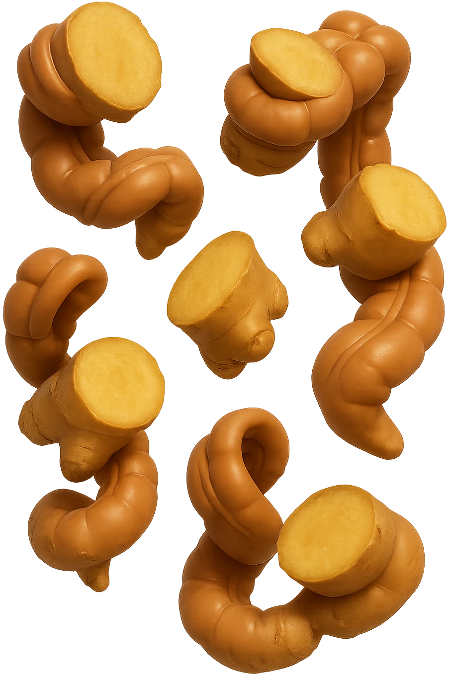 emoji stile iphone 3d di piccoli pezzi di zenzero che fluttuano in aria con pezzi di colon arrotolati intorno, iperrealistico 4k emoji