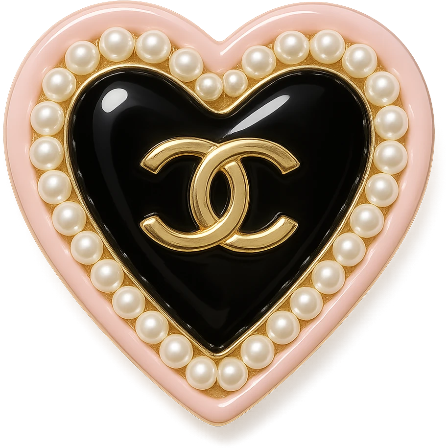  only the elegant heart with pearls and gold Chanel logo, glossy, pastel colors with no background. black pink,  emoji