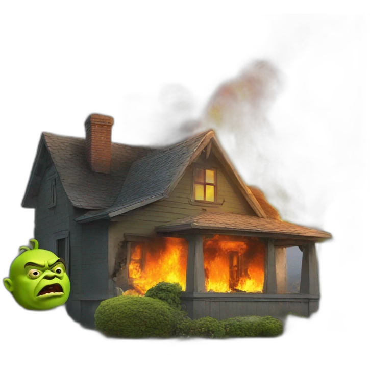 A house that is on fire with a Shrek head on top of it emoji