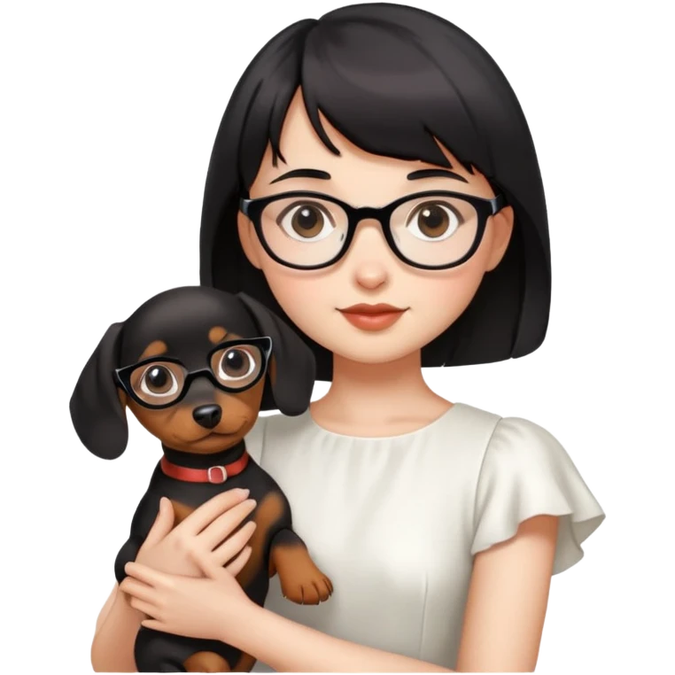 A girl with short black hair and bangs, wearing glasses and white dress, golding a dachshund puppy emoji