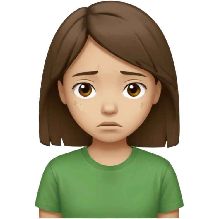 Young girl with straight, damaged, unkempt hair, wearing a green T-shirt, with a sad and discouraged expression on her face. emoji