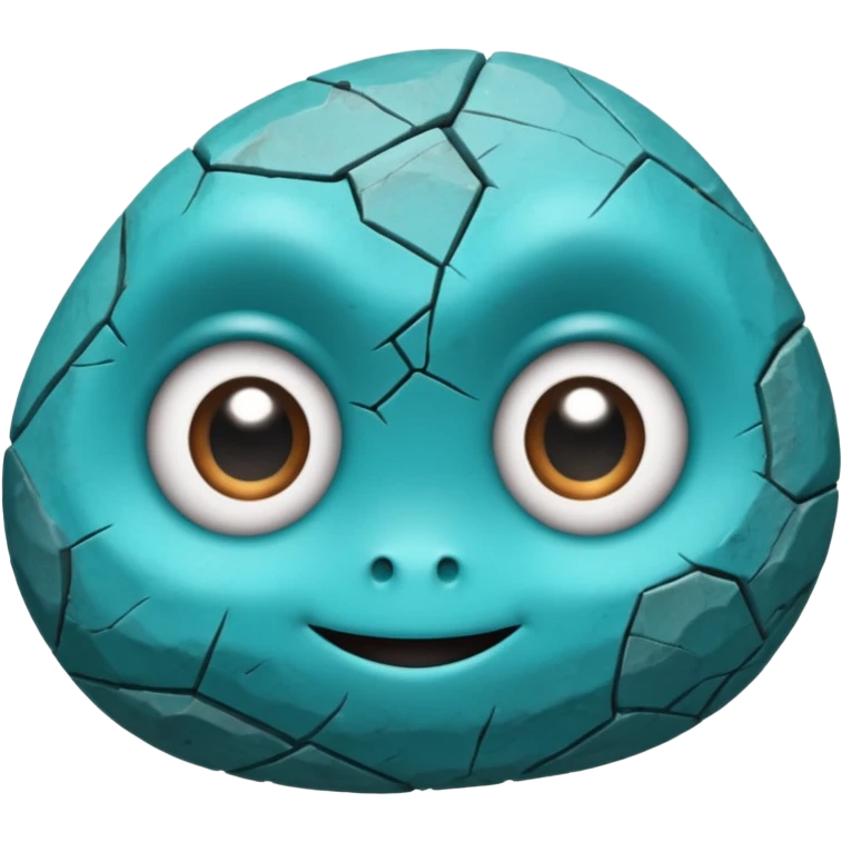 One small turquoise rock creature, rounded but still clearly a rock with cracks and facets, subtle shine, big expressive eyes and a shy smile, emoji