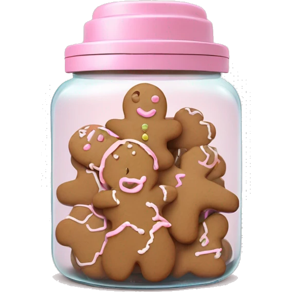 Realistic glass cookie jar with light pink lid full of gingerbread cookies isolated.  emoji