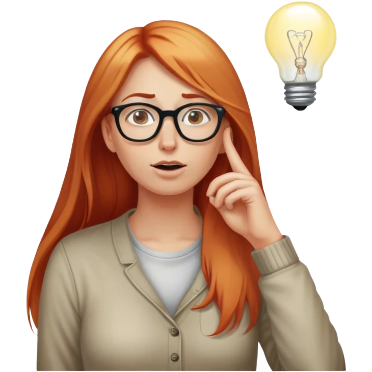 intelligent and clever, 30 year old, girl, long red and almost blond hair, glasses, has an brillant idea, rubs his nose, light bulb over the head, casual cloth  emoji