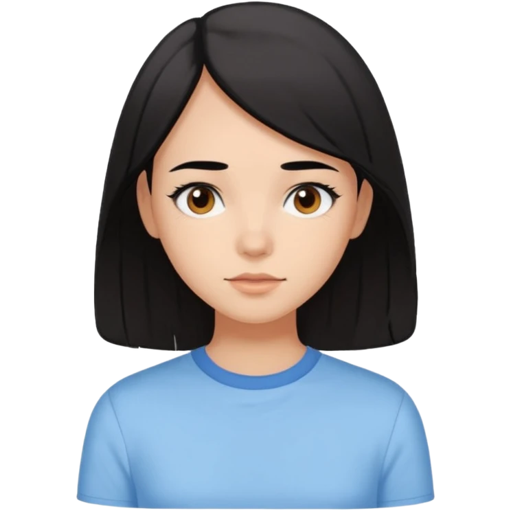 Emoji of a girl with black-brown long bob hair, fair tan skin, brown eyes, soft black eyebrows, pastel blue shirt, clean girl aesthetic, white background  emoji