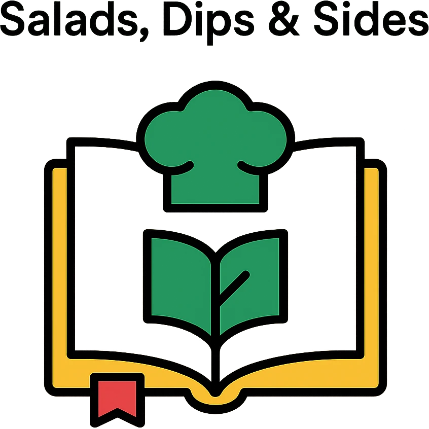 Add the title 'Salads, Dips & Sides' in a clean, modern font above the green elegant logo with a chef hat and open book on the cookbook background. Ensure the text is readable and harmonious with the design in the color outline style. emoji