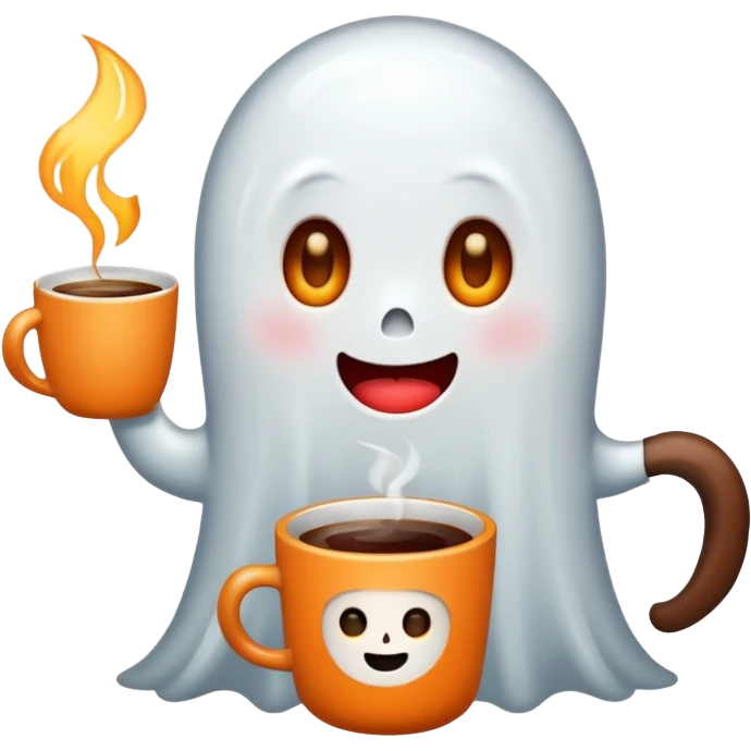 
a cute ghost holding a mug of hot coffee
 cartoon -style/cute and transparent for a sticker 
 emoji
