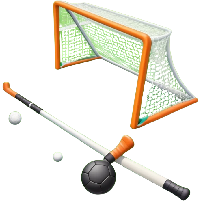field hockey stick and ball on vibrant green grass field with goalposts emoji