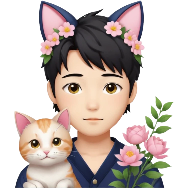 Gorgeous romantic anime style Asian formal modern shojo guy with cat ears and flowers and blushing face aesthetic trending style outside emoji