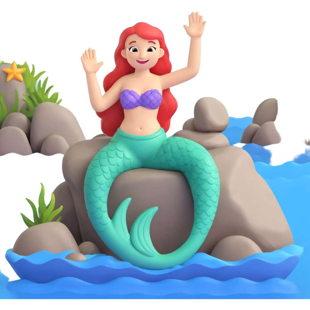 a cheerful little mermaid sitting on a rock, waving to the viewer, with a big smile emoji