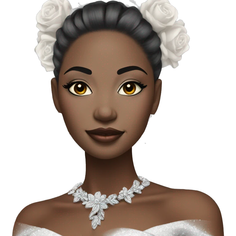 African bride. Glitter makeup. Sleek low ponytail. Silver jewelry. Holding flowers. Eyes closed. emoji