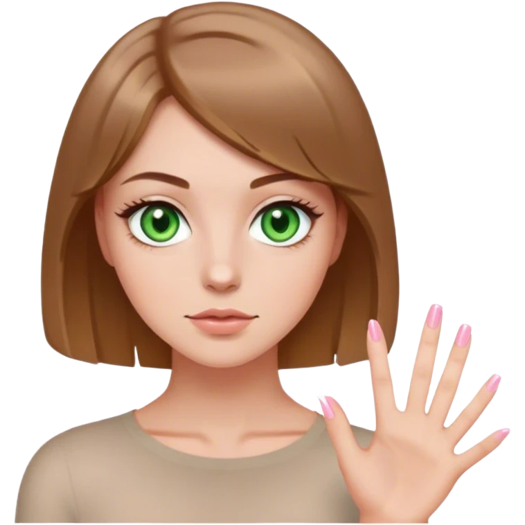 green eyes light brown hair white girl with short bob no bangs with a cosmo light pink nails emoji