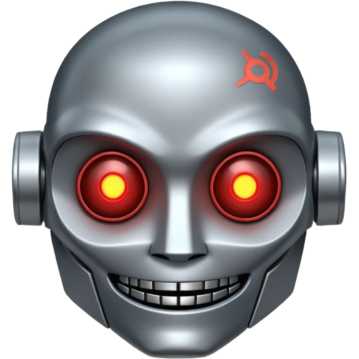 evil robot. Only its head. Low details. Make it smile emoji