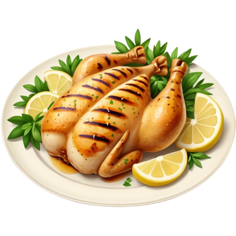 Draw a grilled chicken on a plate with herbs & lemon slices. emoji