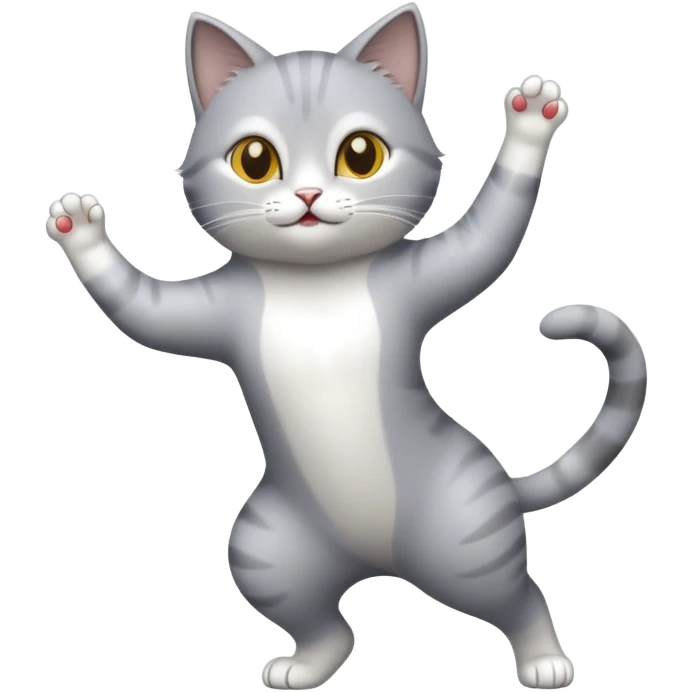 A grey cat with a white breast is dancing emoji