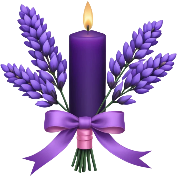 a beautiful aesthetic bouquet of dark purple and light pink lavender tied with a silk purple ribbon and next to it a pink decorative candle  emoji