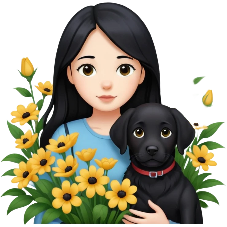 A girl with long black hair is holding a black Labrador in the flowers emoji