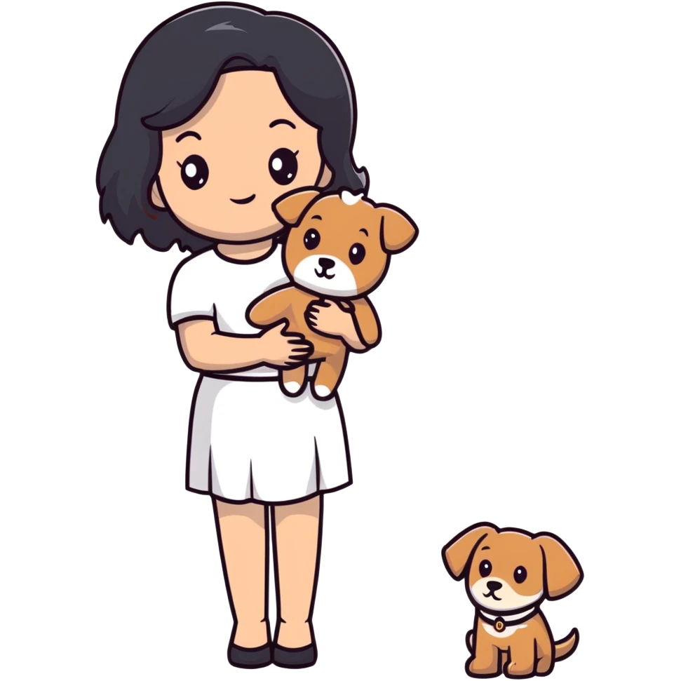 beautiful girl with long straight black hair wearing a white skirt holding a small brown curly teddy dog emoji