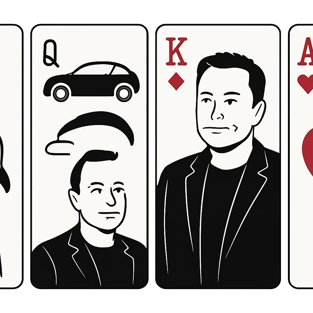 Elon Musk with space rocket and electric car symbols, playing card style, tech innovator portrait emoji