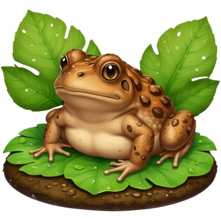 A brown toad sitting on wet ground near a pond, rough bumpy skin, natural light, green leaves around, realistic wildlife photo. emoji