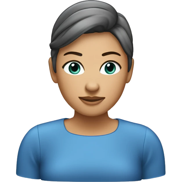 Donna in stile emoji di iPhone: capelli corti biondo chiaro leggermente mossi, occhi blu, lieve sorriso, carnagione chiara, vestito blu, sfondo trasparente. emoji