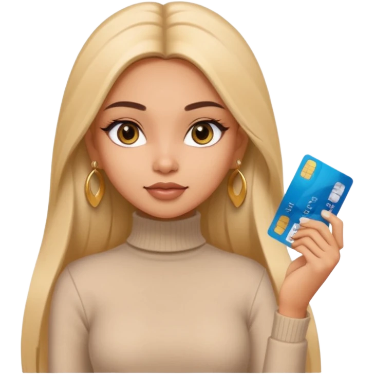 a pretty bratz fair indian girl wearing a beige turtleneck, golden earrings, straight ling hair, holding bank cards emoji