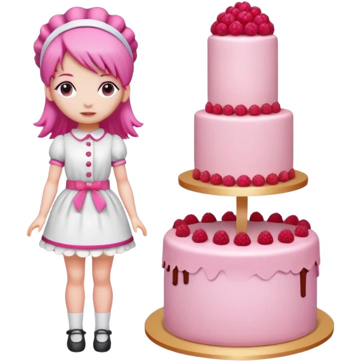 Isolated detaile illustration modern raspberry torte doll figurine full body with pink hair and a pink hairband standing emoji