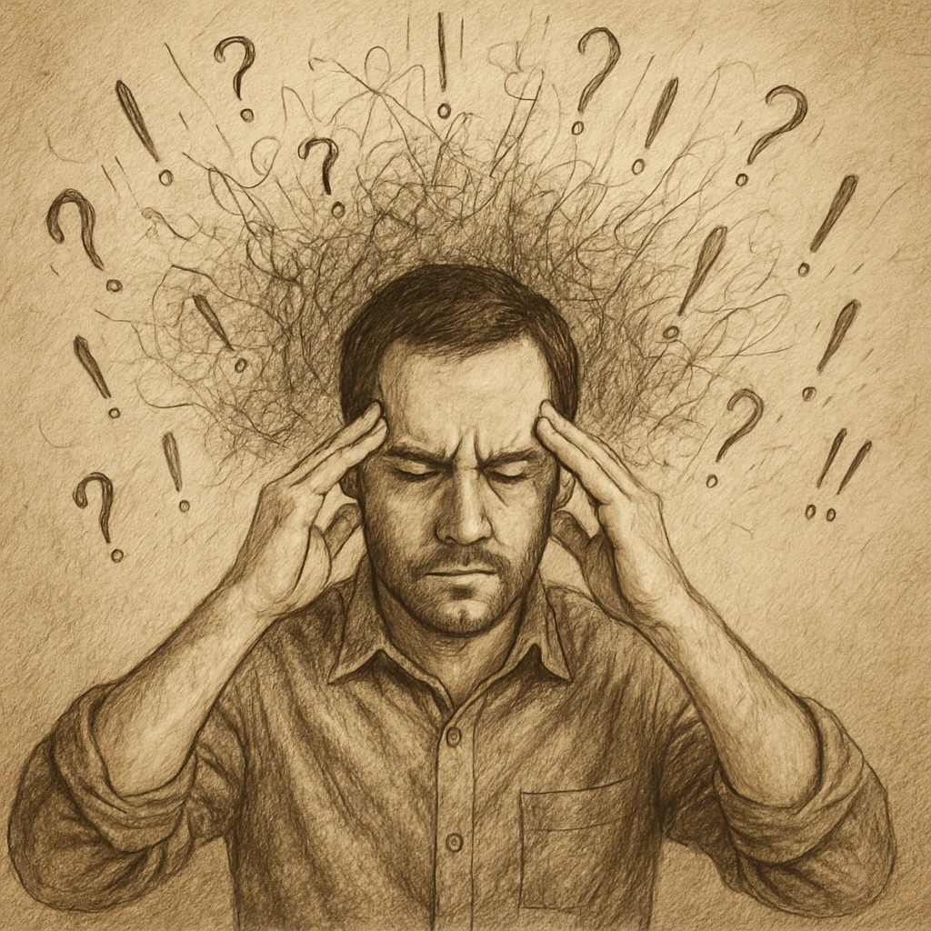 Realistic or illustrative style image of a 30-year-old man suffering from anxiety, inspired by the reference image. The man has hands on his temples with a tense and worried expression. The background features graphic signs representing chaotic thoughts, conveying an atmosphere of mental discomfort. emoji