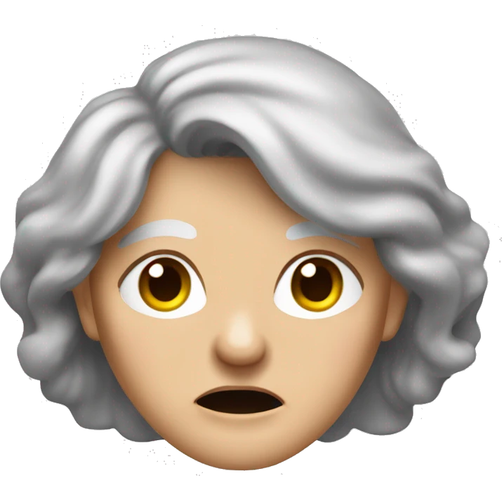 Angry old lady with greyish brownish hair its long hair and she has brown eyes andshe is wearing a peakock shirt emoji